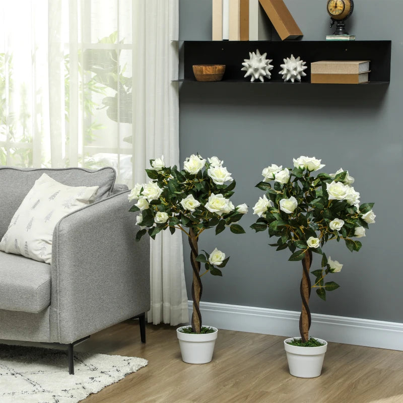 3FT Artificial Plant White Rose Floral Set of 2 in Pot, Fake Plant for Home Indoor Decor