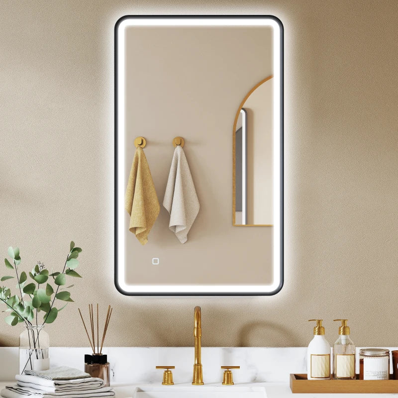 40" x 24" Bath Mirror with LED Lights, Wall Mounted Restroom Mirror, 3 Colours, Dimmable, Horizontal/Vertical, Black
