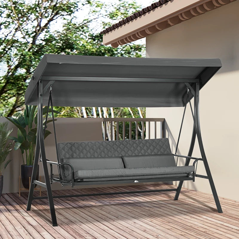 3 Person Porch Swing Bench with Adjustable Canopy, Cushions, Pillows for Porch and Backyard, Dark Grey
