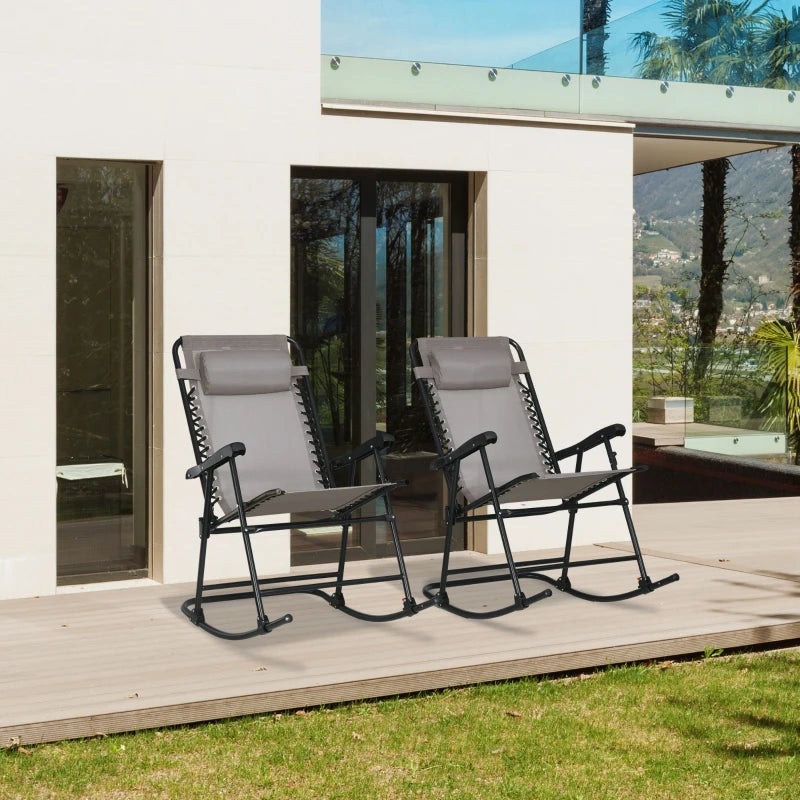 2pc Patio Foldable Rocking Chair Set w/ Breathable Mesh Seat & Backrest, Headrest for Park, Backyard, Garden, Grey