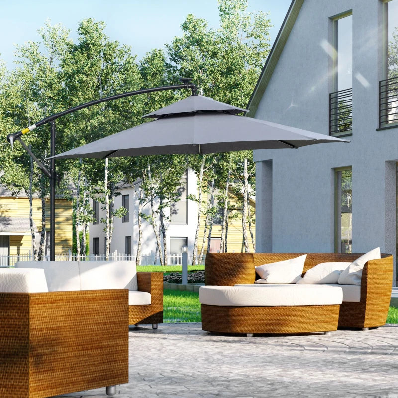 10FT Cantilever Patio Umbrella with Lights Solar Powered Offset Umbrella with Crank and Cross Base for Deck Grey