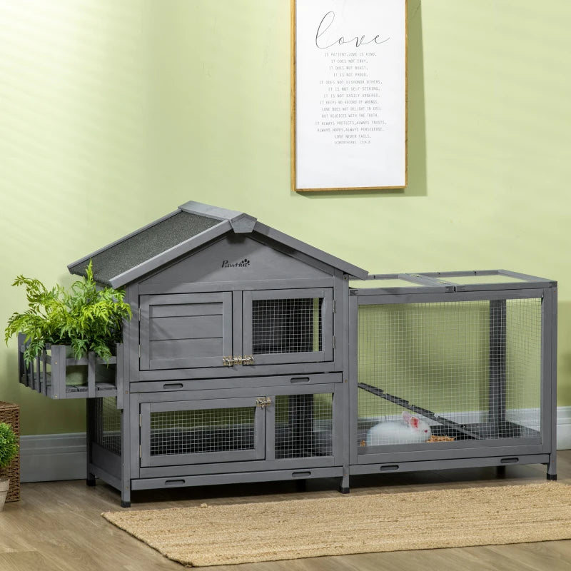 65" Wooden Rabbit Hutch, Pet Playpen with Openable Roof, Storage Box, for Rabbits and Small Animals, Dark Grey