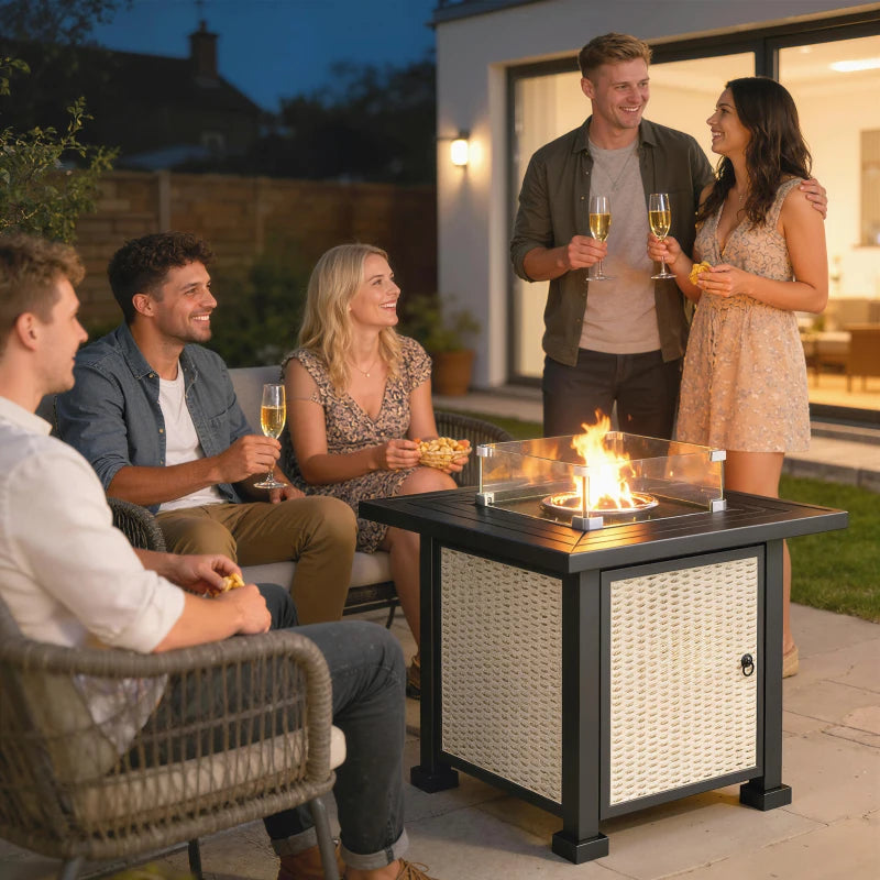 32" Propane Gas Fire Pit Table, 50,000 BTU Square Patio Table with Fire Pit, Wind Guard, Lid, CSA Certified, Grey