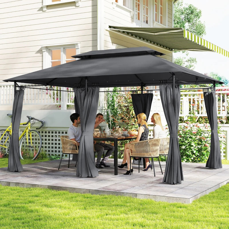 10' x 13' Double Roof Patio Gazebo, Outdoor Gazebo with Curtains, for Garden, Lawn, Backyard and Deck, Grey