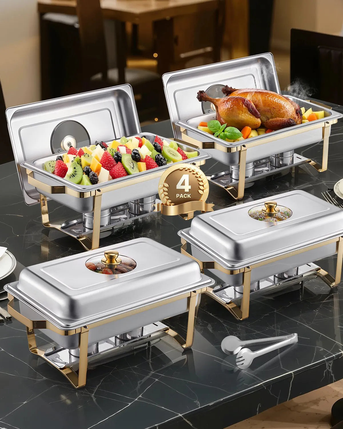 VEVOR 8 Qt 4 Pack Rectangle Chafing Dish Buffet Set Fullsize Pan Stainless Steel