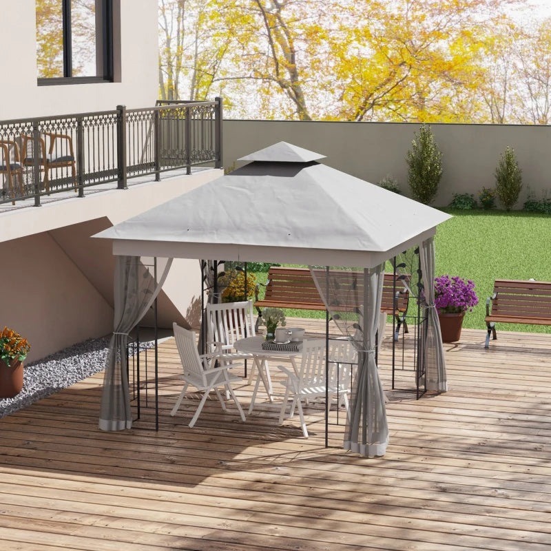 10'x10' Soft-top Steel Patio Gazebo Outdoor Sun Shelter with 2-Tier Polyester Roof, Curtain Sidewalls, Light Grey
