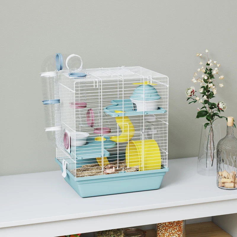 3-Level Hamster Cage with Exercise Wheel, Play Tube, Water Bottle, Food Dish, Hut, Ladder, Blue