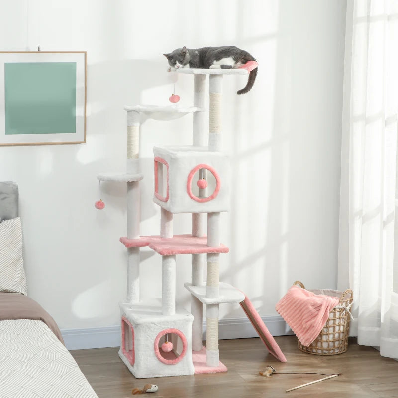 65 Inch Cat Tree with 2 Doors Condos, Plush Top Perch, Hammock, Sisal Scratching Posts, 4 Pompoms, Ramp, White