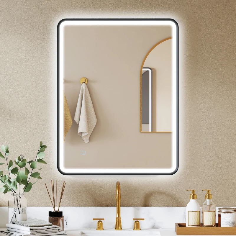 36" x 28" Bath Mirror with LED Lights, Wall Mounted Restroom Mirror, 3 Colours, Dimmable, Horizontal/Vertical, Black