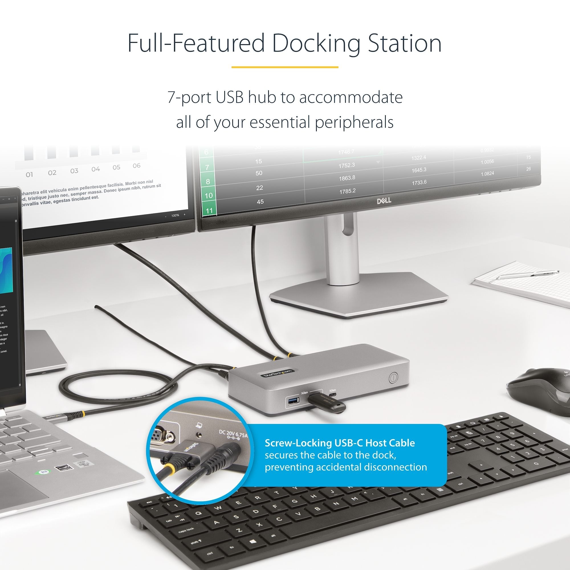 Dual-Monitor USB-C Docking Station, DisplayPort & HDMI or VGA, Multi Monitor Dock up to 4K 60Hz - USB 3.2/3.1 (5Gbps) Type-C Dock - 7x USB Hub, 85W PD, Windows & ChromeOS - TAA