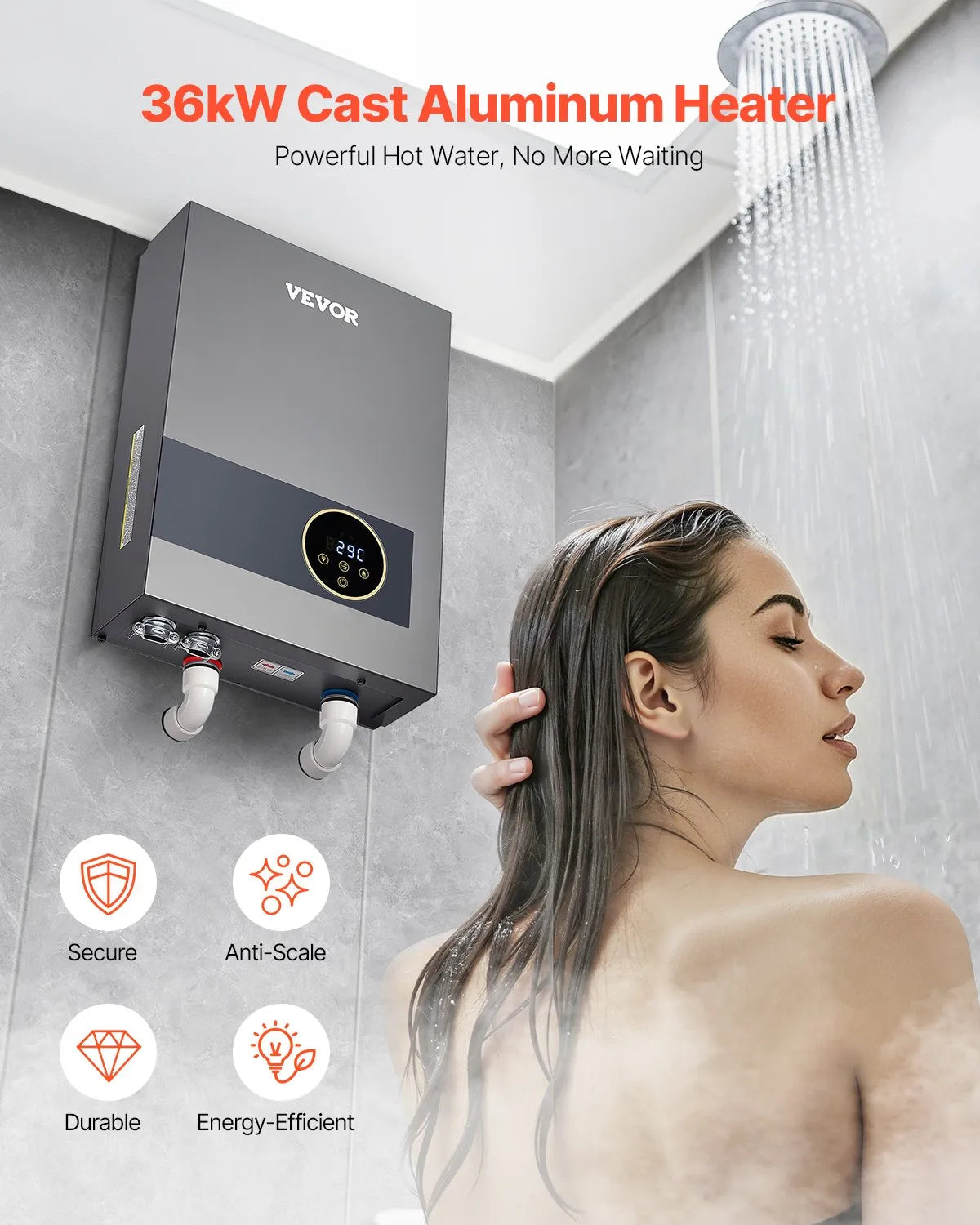 VEVOR 36kW Tankless Electric Water Heater Instant Hot with LCD Child Lock
