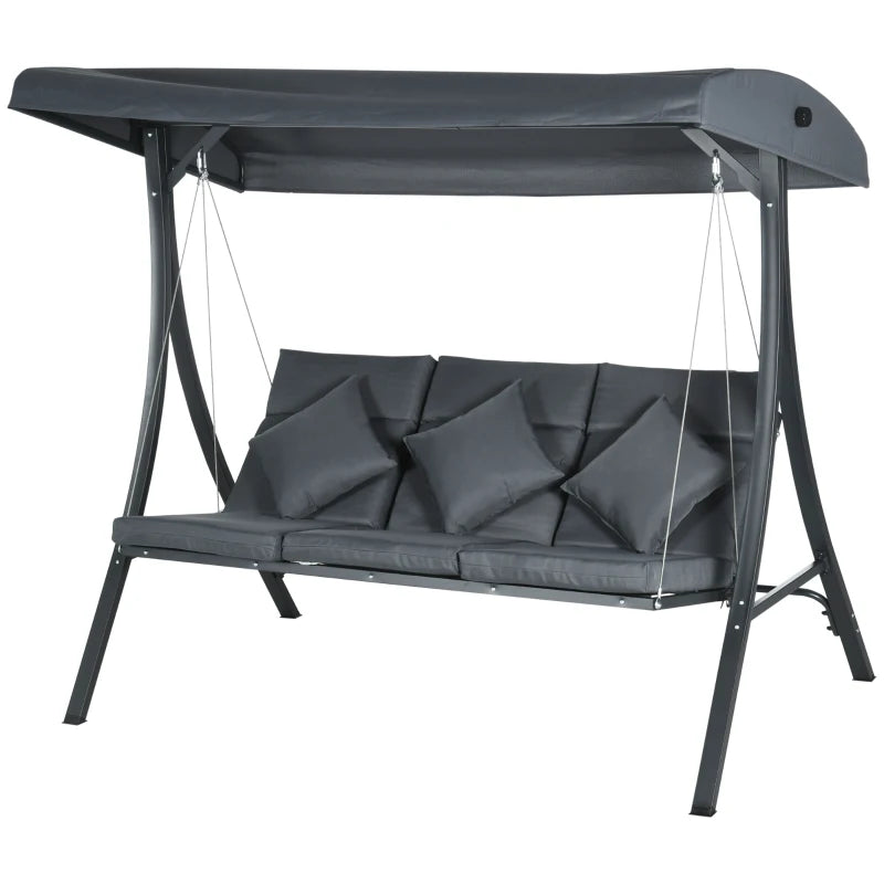 3-Person Patio Swing Chair, Outdoor Porch Swing Bench with Adjustable Canopy, Cushioned Seat, Dark Grey
