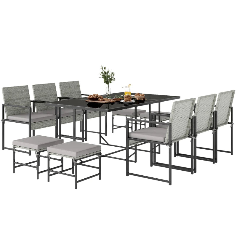 11 Pieces Wicker Patio Dining Set, Rattan Outdoor Furniture Set with 6 Armchairs, 4 Stools, Light Grey