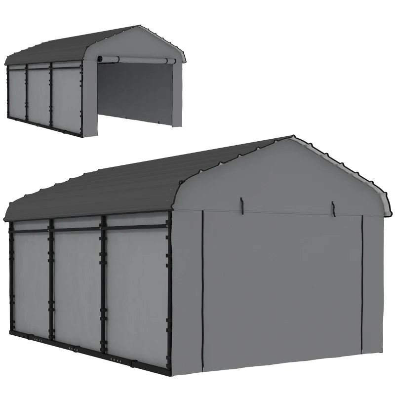 10' x 15' Metal Carport, Heavy Duty Garage Car Shelter with Galvanized Metal Roof and Removable Sidewalls, Light Grey