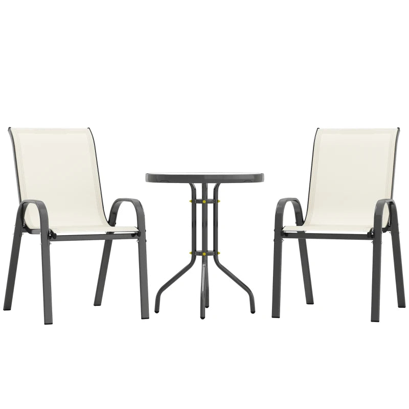 3 Pieces Bistro Set, Small Patio Furniture Set with Stackable Mesh Chairs, Glass Table for Garden, Balcony, Beige
