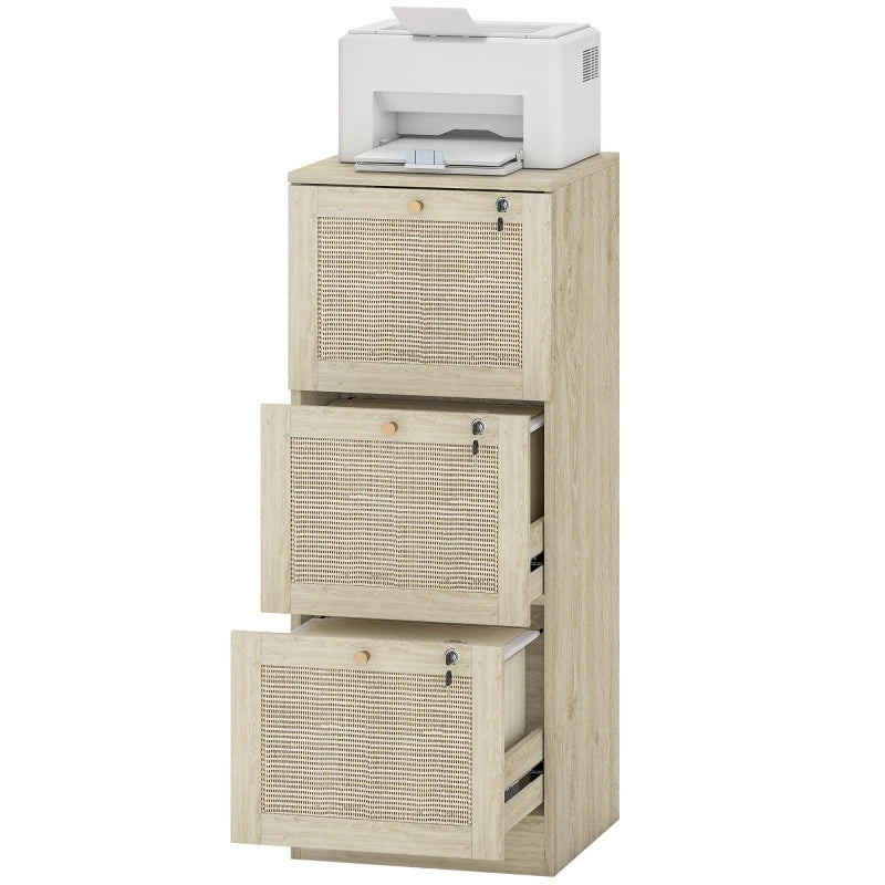 3 Drawer Filing Cabinet with Lock, Boho File Cabinet for A4 Letter Size Files with Decorative Rattan Accents, Oak