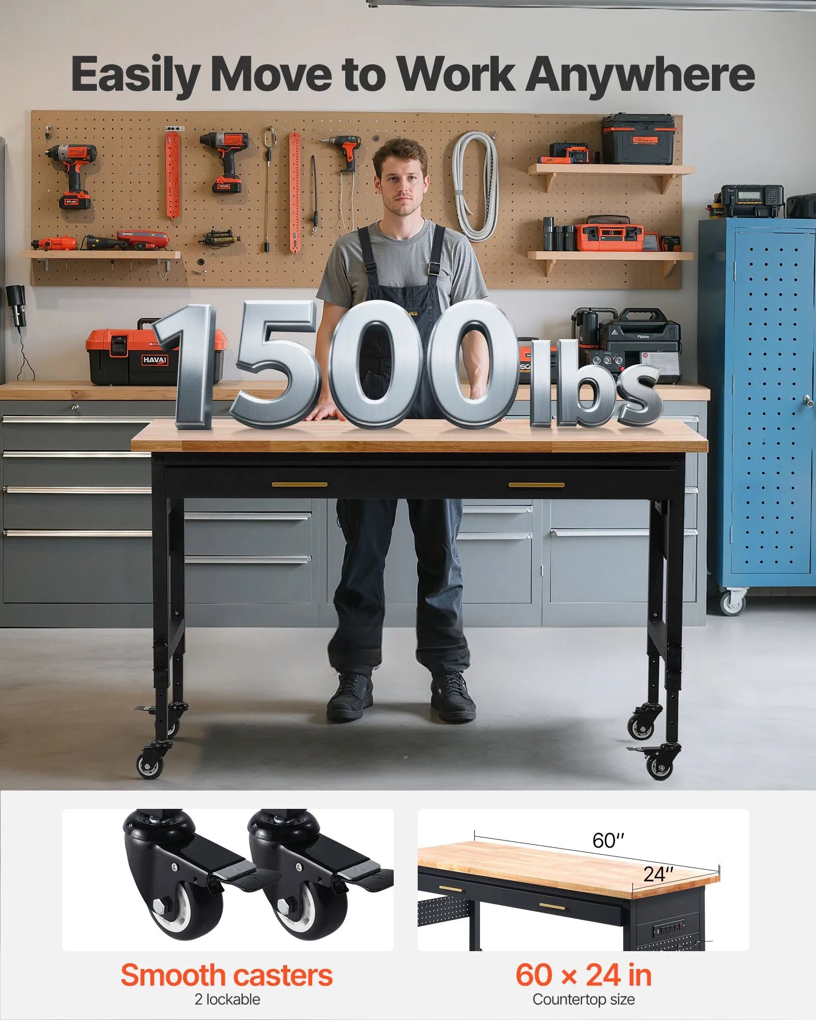 VEVOR 60" Workbench on Wheels Adjustable Height Table with Power Outlet & Drawer