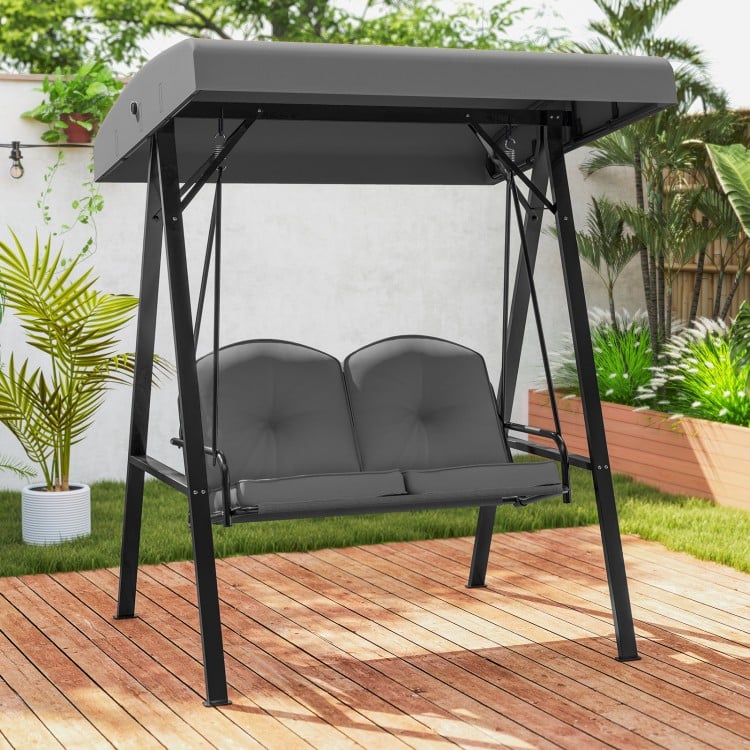 2-Person Outdoor Porch Swing with A-Shaped Metal Stand and Adjustable Canopy-Gray