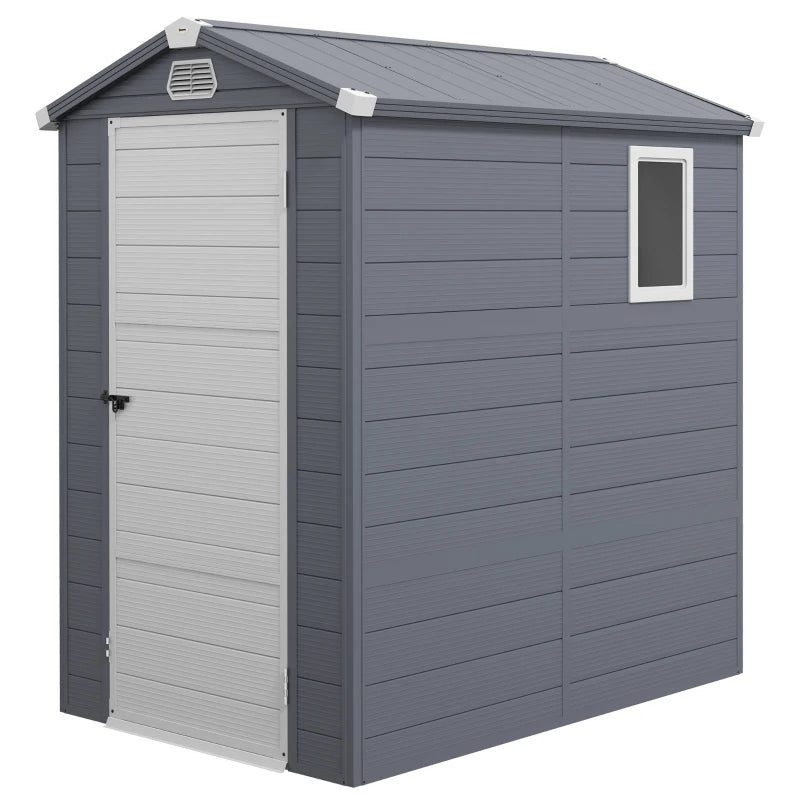 4.5' x 6' Plastic Garden Storage Shed with Latch Door, Vents, Sloped Roof, Dark Grey