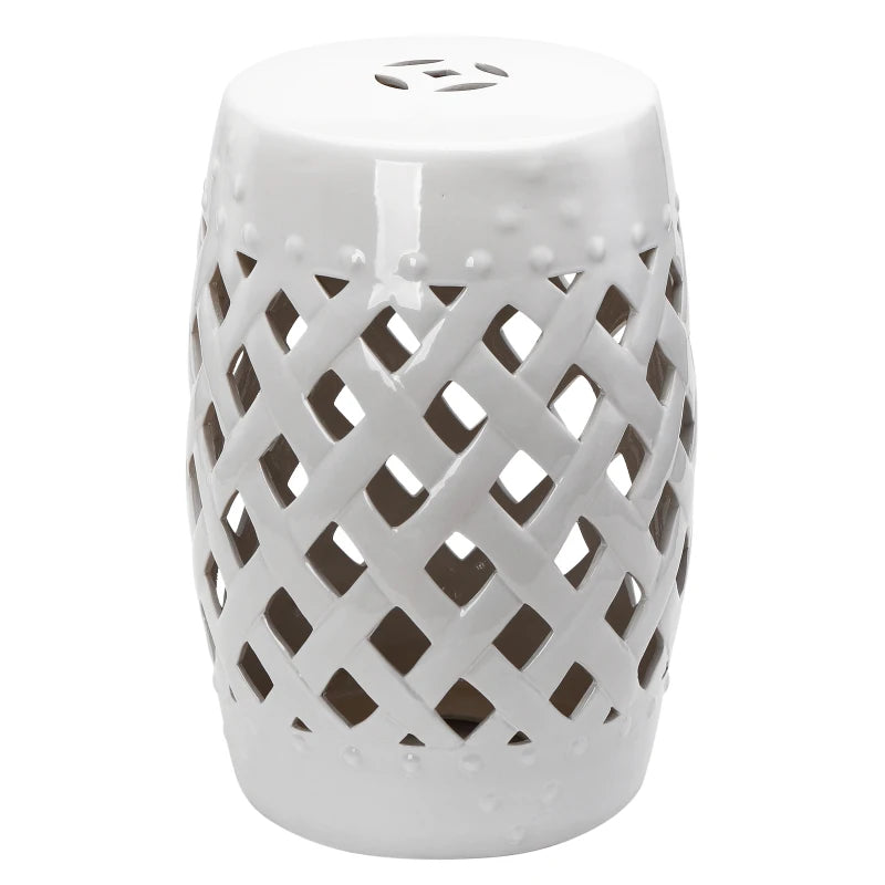 18" Ceramic Garden Stool with Woven Lattice Design, Indoor & Outdoor Decorative Accent Stool, White
