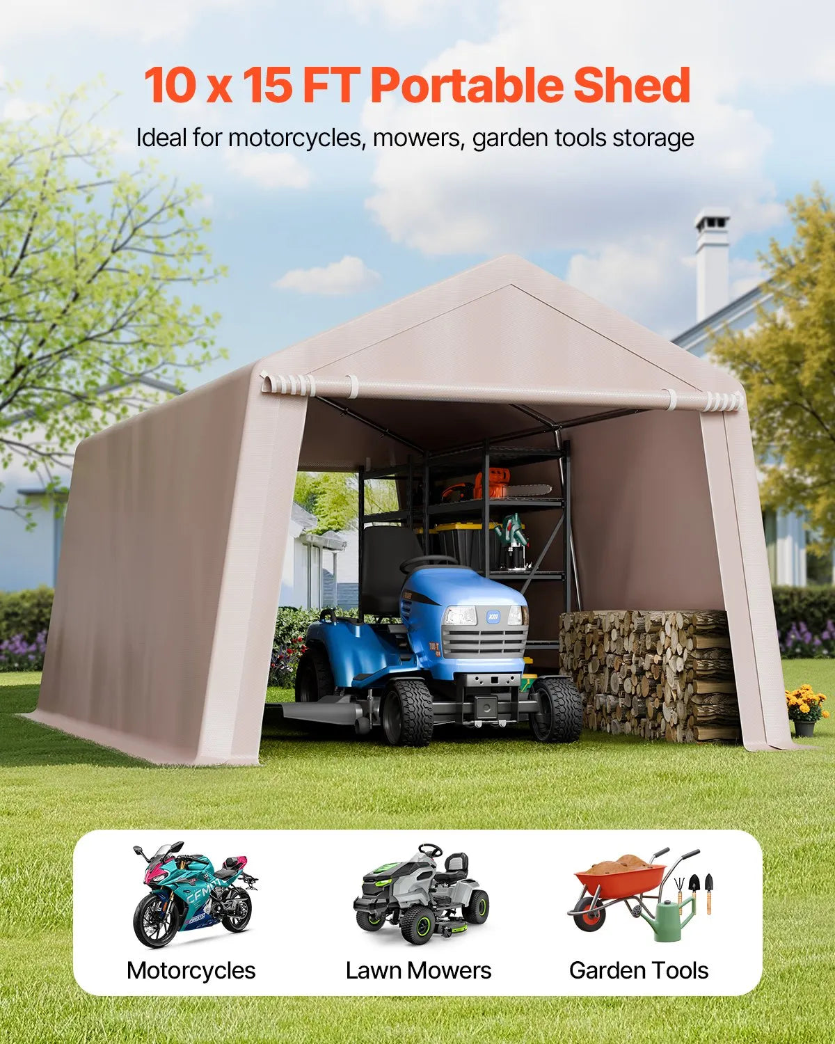 VEVOR Outdoor Storage Portable Shed 10x15 ft Waterproof Canopy Garage 2 Doors