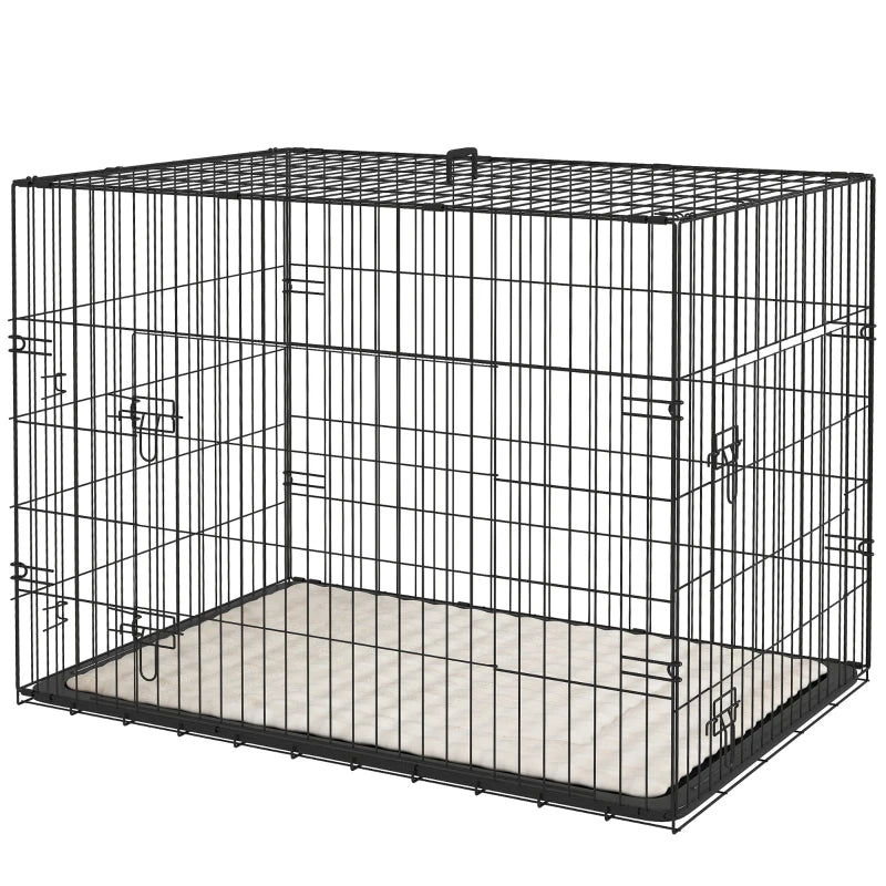 35" Dog Crate with 2 Doors, Folding Metal Dog Cage with Soft Cushion, Removable Tray, Handle, Black