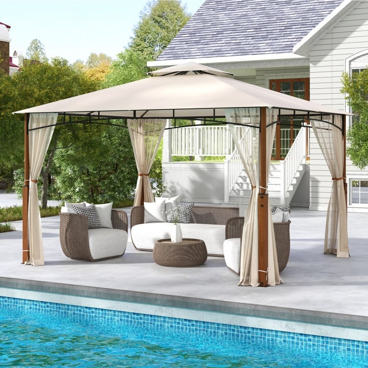 12 x 10 Feet Outdoor Patio Gazebo with Netting and 2-Tier Canopy Roof-Beige