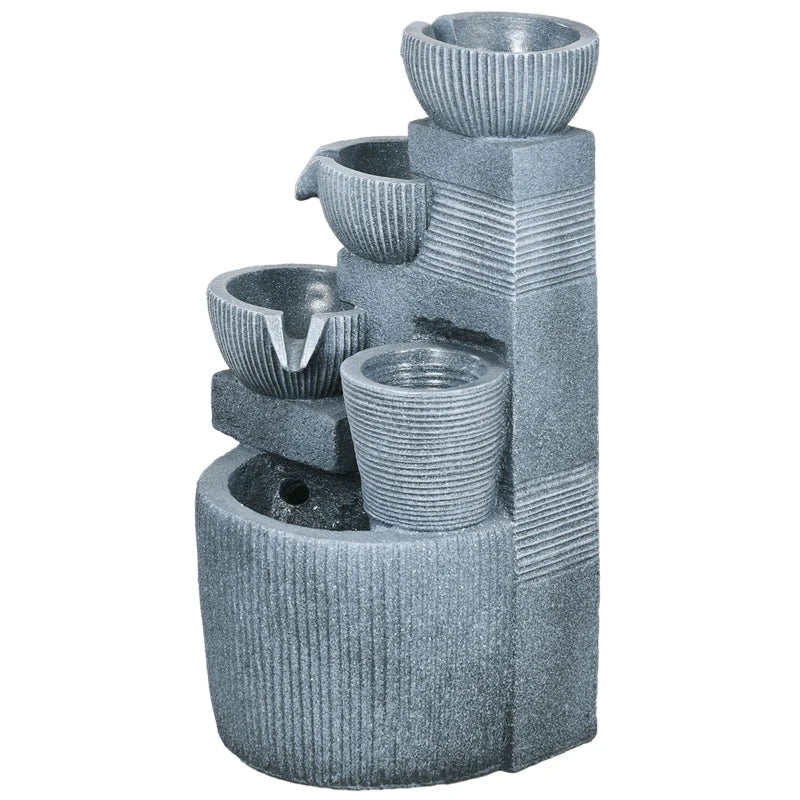 Solar Powered Outdoor Water Fountain, 4-Tier Floor Standing Resin Cascading Bowls Waterfall Fountain with LED Lights