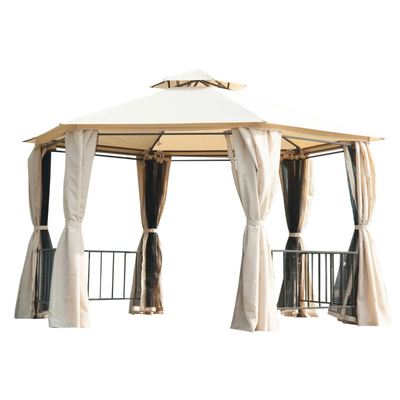 13ft Hexagon Gazebo Outdoor Canopy Shelter with Netting and Shaded Curtains Beige