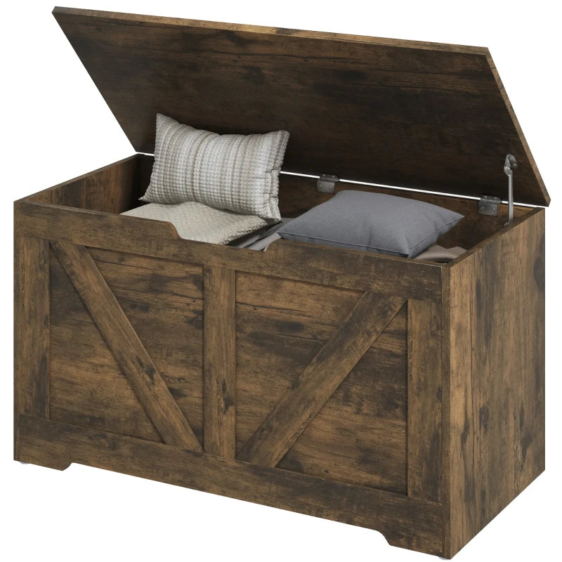 31.5 Inches Storage Chest, Storage Trunk with 2 Safety Hinges for Living Room, Brown Wood Grain