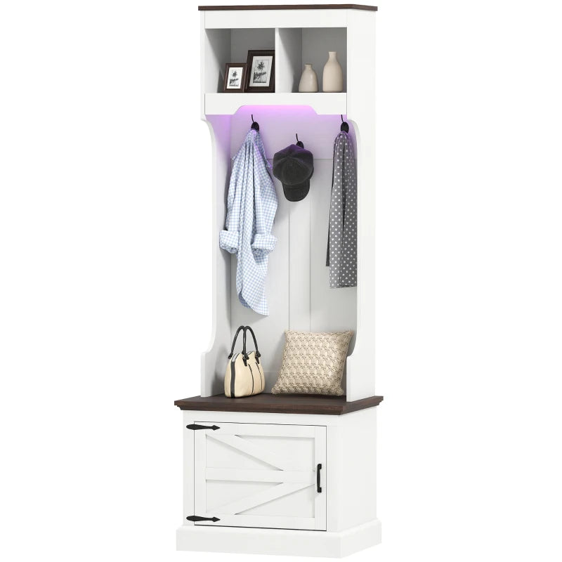 3-in-1 Hall Tree with LED Lights and Bench, Coat Rack with Shoe Storage, White Wood Grain with Light