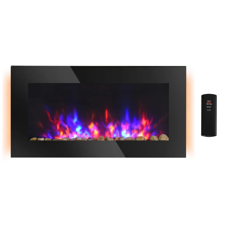 36" Wall-Mounted Electric Fireplace, 750/1500W Fireplace Heater with Flame Effect, 7 Color Bacround Light and Side Light, Black