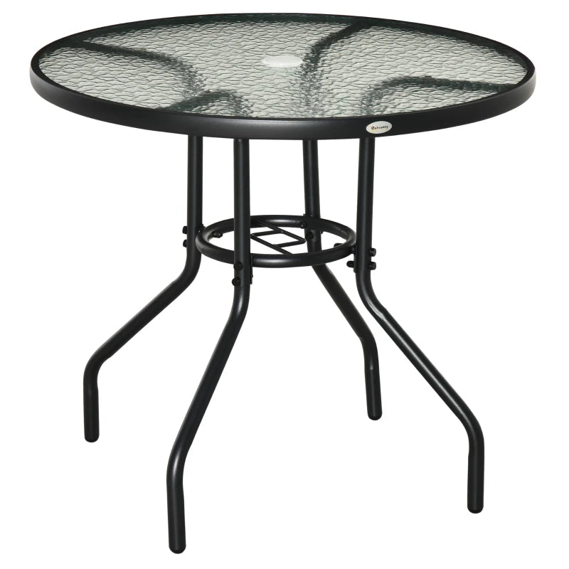 31.5" Round Outdoor Dining Table Coffee Side Bistro Table with Umbrella Hole, Glass Top, Steel Frame for Garden, Patio