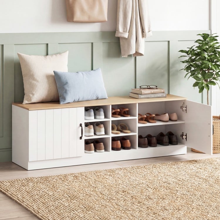 2-Door Shoe Bench Storage Cabinet with Adjustable Shelves-Natural