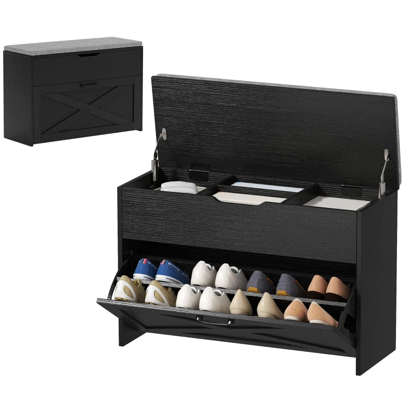Shoe Storage Bench with Flip Drawer and Lift Top Storage, Entryway Bench with Seat Cushion for Hallway, Black