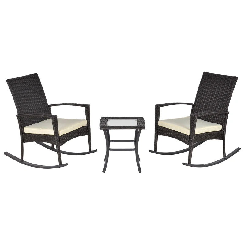 3 Pieces Patio Wicker Rocking Chair Set, Outdoor PE Rattan Bistro Set Conversation Rocker Set with 2 Chairs 1 Coffee Table for Backyard, Deck, Poolside, Dark Grey