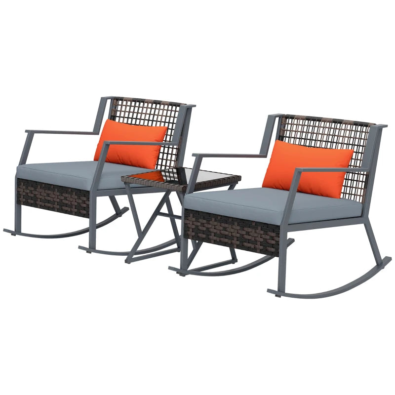 3 Pieces Rocking Bistro Set, Wicker Patio Furniture Set with Cushions and Glass Table for Porch, Balcony, Grey