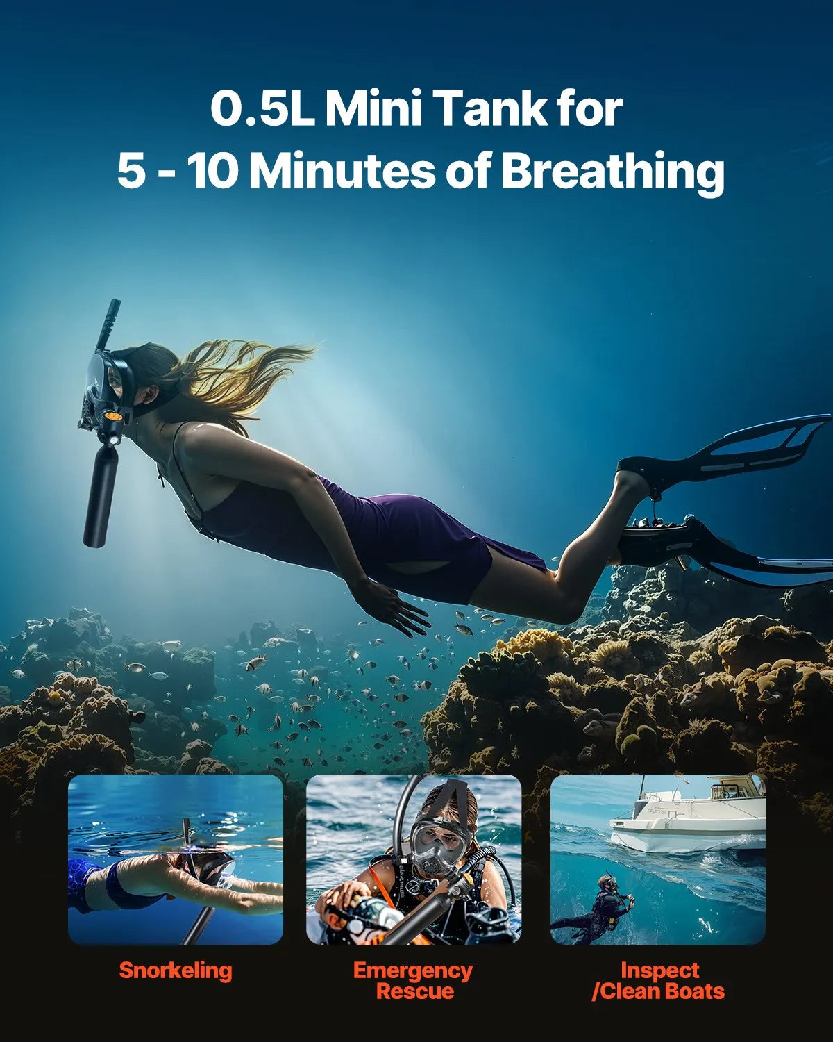 VEVOR 0.5L Scuba Tank 32.81 ft Diving Depth Refillable Snorkel Air Tank Kit