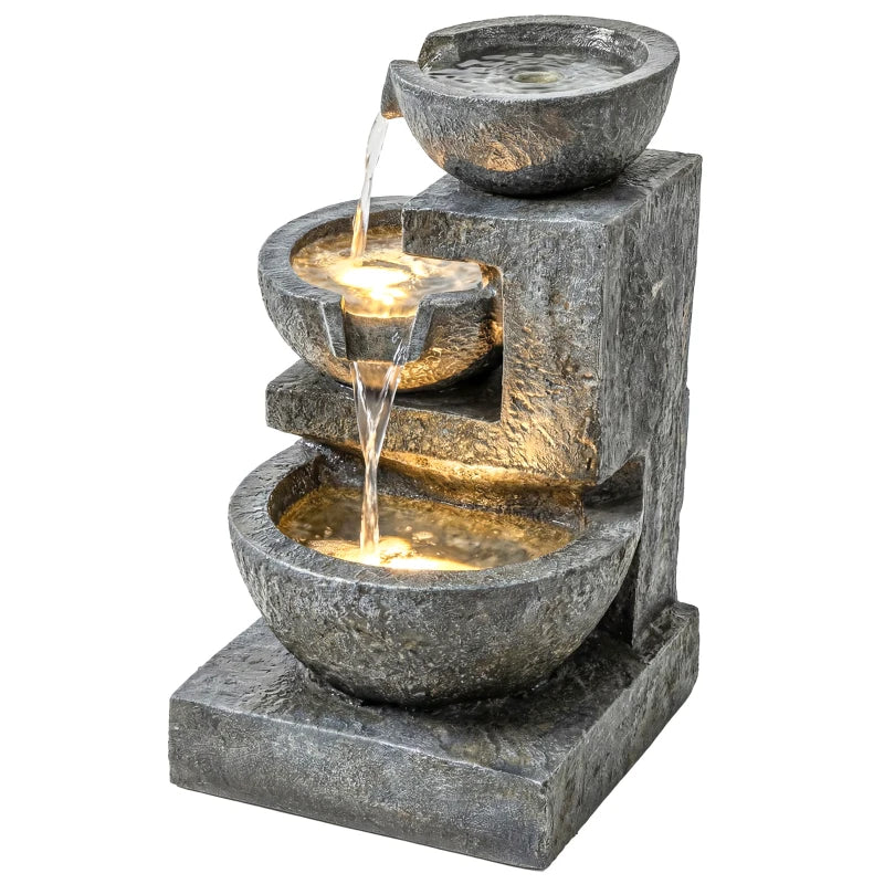 3-Tier Outdoor Water Fountain, Garden Waterfall Fountain with LED Lights and Pump, Indoor Freestanding Resin Waterfall