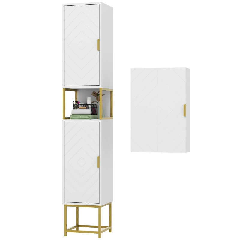 2-Piece Bathroom Storage Cabinet Set, Bathroom Cabinets with Adjustable Shelves, Free Standing, Wall-Mounted, White