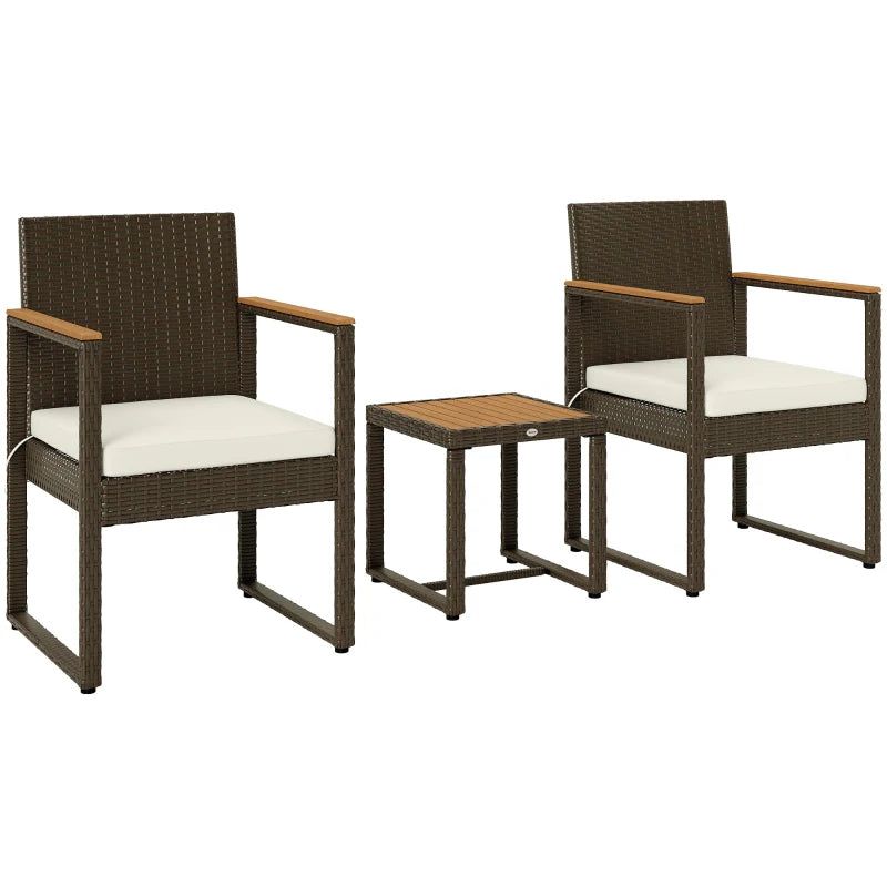 3 Pieces Wicker Patio Furniture Set, Rattan Bistro Set w/ Acacia Wood Table & Removable Cushions, White