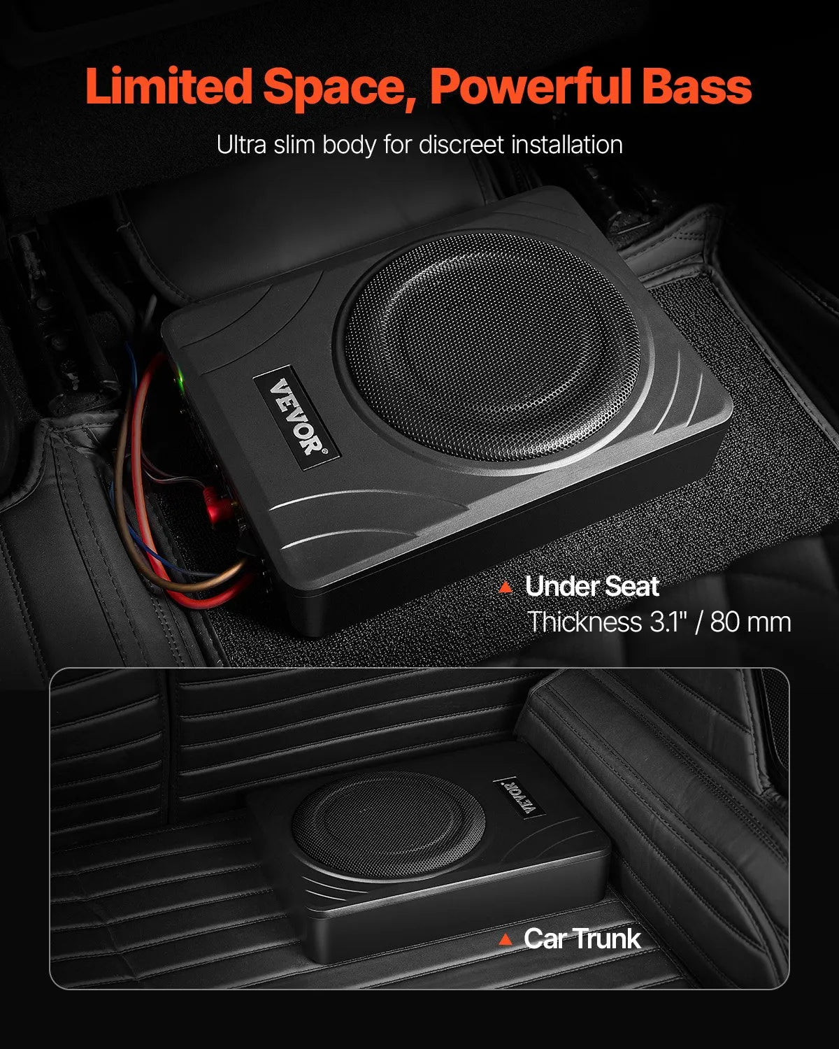 VEVOR 8" 300W Under Seat Car Subwoofer Slim Powered Car/Truck Subwoofer System