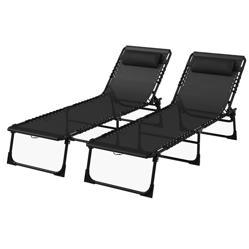 2pcs Folding Lounge Chair, Adjustable Chaise Lounge with Headrest, Reclining Lounger Cot for Camping, Black