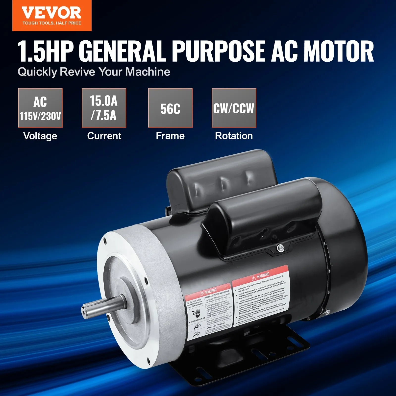 VEVOR 1.5HP Electric Motor 1725RPM AC115/230V 56C Frame 1-Phase 5/8" Keyed Shaft