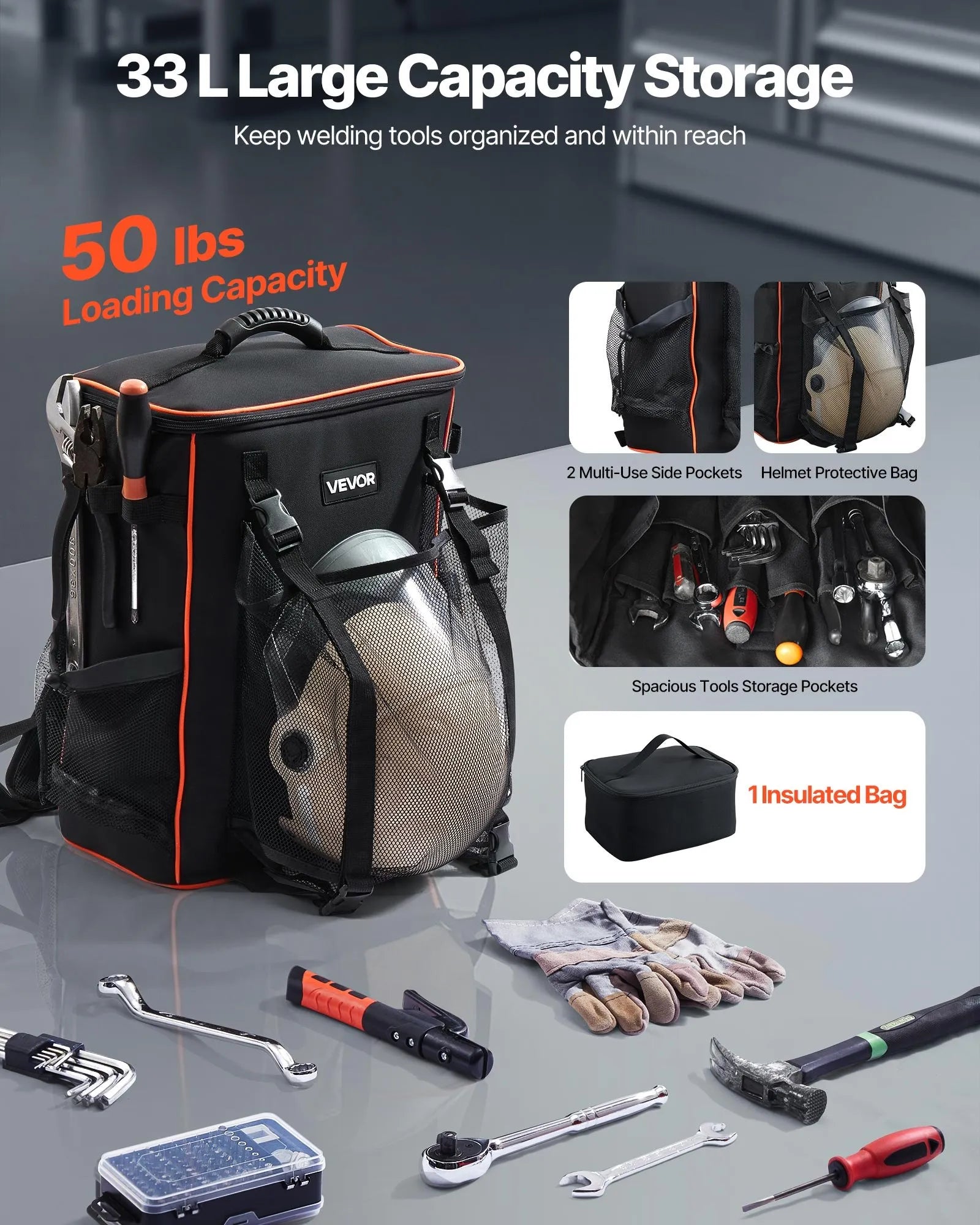 VEVOR 35.6L Welding Backpack 600D Polyester Welder Backpack for Tools and Helmet