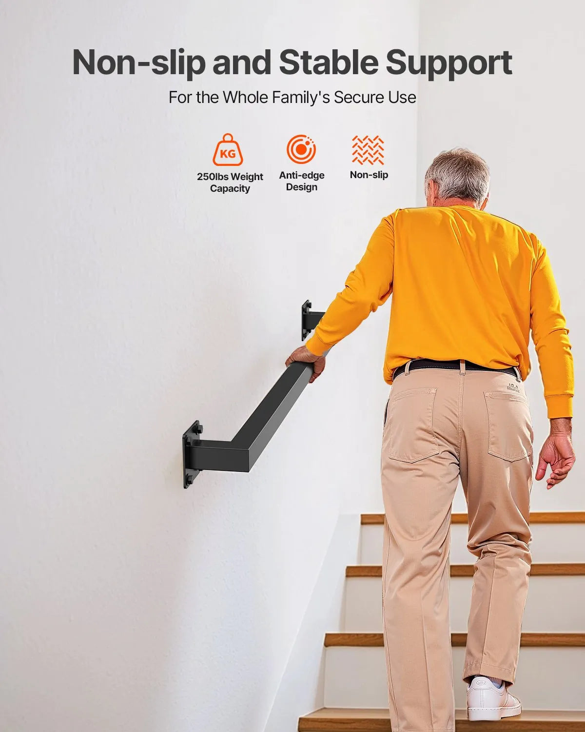 VEVOR 4ft Wall Mounted Stair Handrail Black Iron 250lbs Load Square Tube