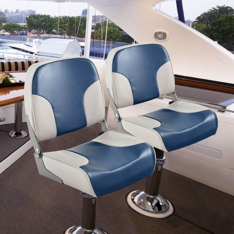 2 Pieces Low Back Boat Seat Set with Sponge Padding and Aluminum Hinges-Blue