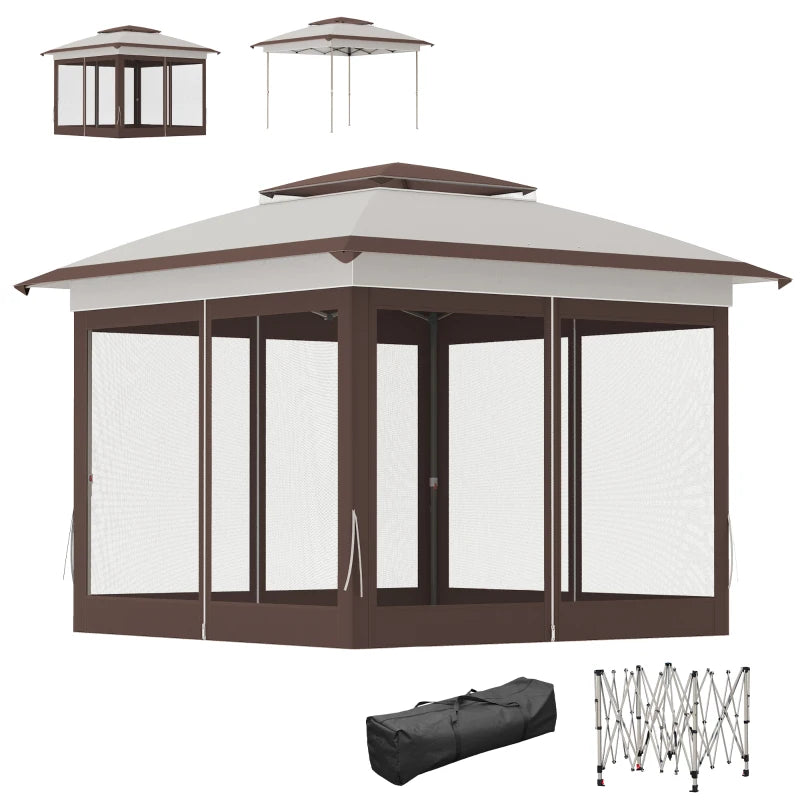 12' x 12' Pop Up Canopy Sun Shade Instant Tent Folding with Mesh Sidewalls, Beige and Dark Brown