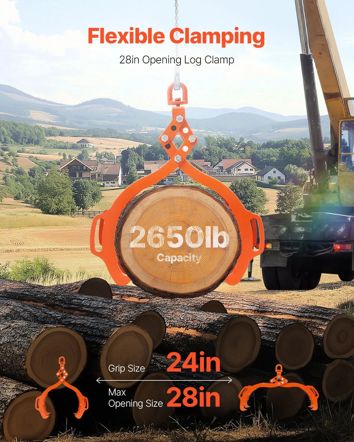 VEVOR 28in Log Lifting Tongs 4 Claw Solid Steel Log Grapple Swivel Log Tools