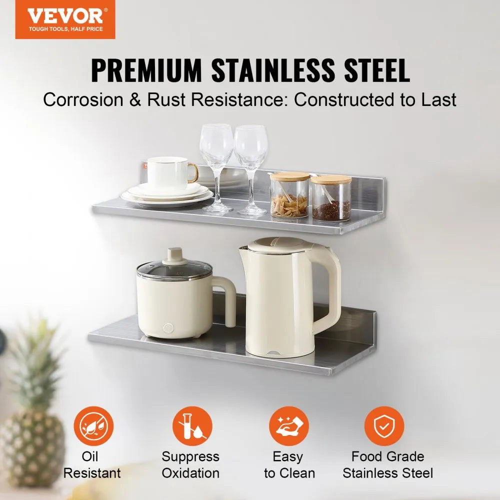 VEVOR 8.6" x 24" Stainless Steel Shelf, Wall Mounted Floating Shelving with Backsplash, 44 lbs Load Capacity Commercial Shelves, Heavy Duty Storage Rack for Restaurant, Kitchen, Bar, Home, and Hotel